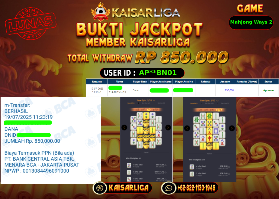 BUKTI JACKPOT SLOT KAISARLIGA RP. 850.000,-LUNAS