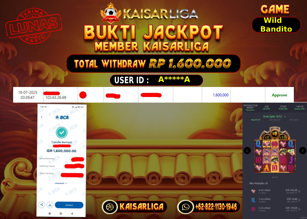 BUKTI JACKPOT SLOT KAISARLIGA RP. 1.600.000,-LUNAS