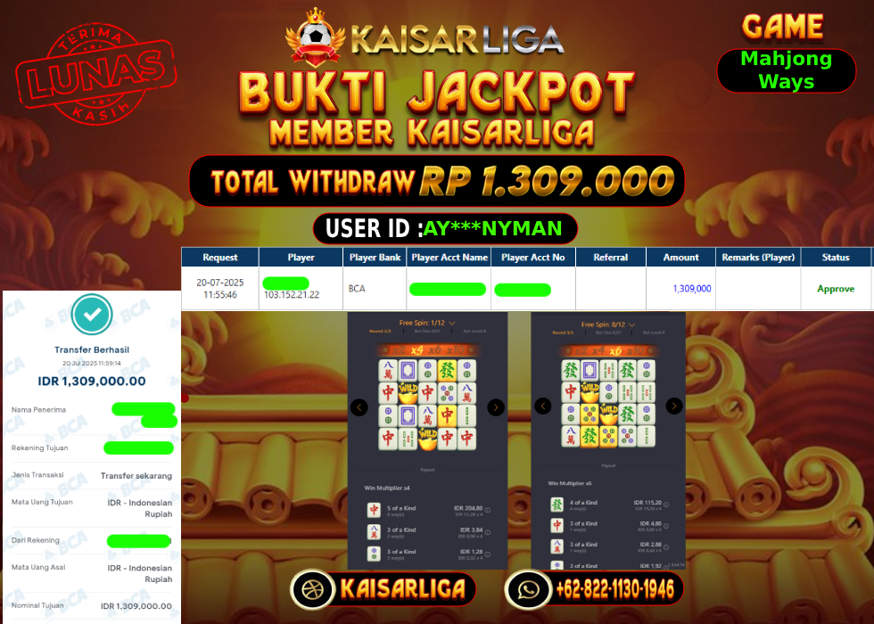 BUKTI JACKPOT SLOT KAISARLIGA RP. 1.309.000,-LUNAS