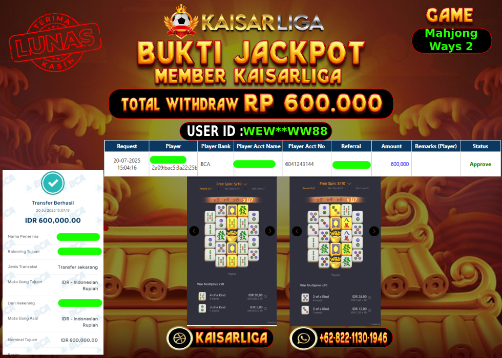 BUKTI JACKPOT SLOT KAISARLIGA RP. 600.000,-LUNAS