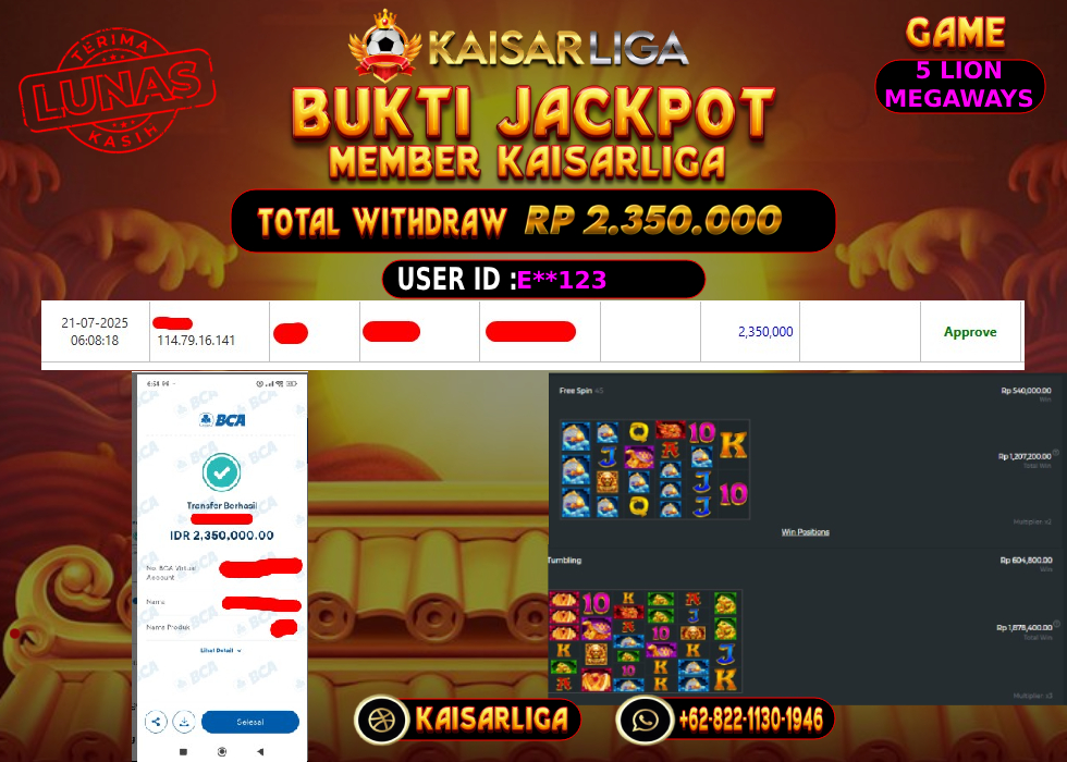 BUKTI JACKPOT SLOT KAISARLIGA RP. 2.350.000,-LUNAS