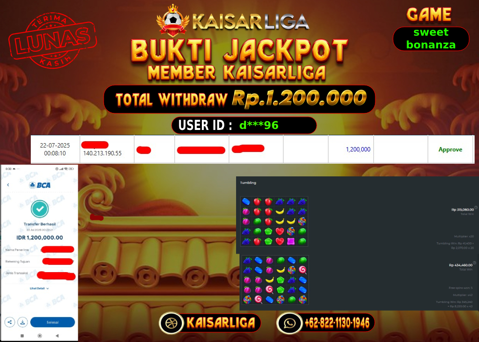 BUKTI JACKPOT SLOT KAISARLIGA RP. 1.200.000,-LUNAS
