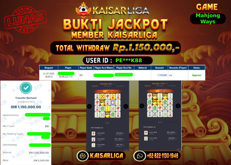 BUKTI JACKPOT SLOT KAISARLIGA RP. 1.150.000,-LUNAS