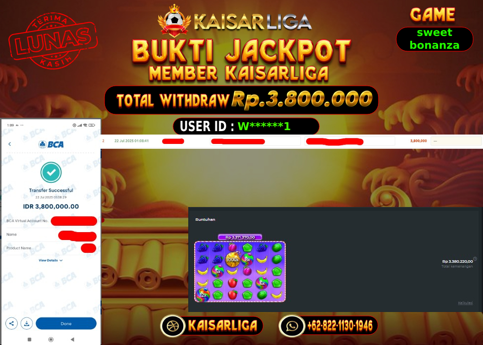 BUKTI JACKPOT SLOT KAISARLIGA RP. 3.800.000,-LUNAS