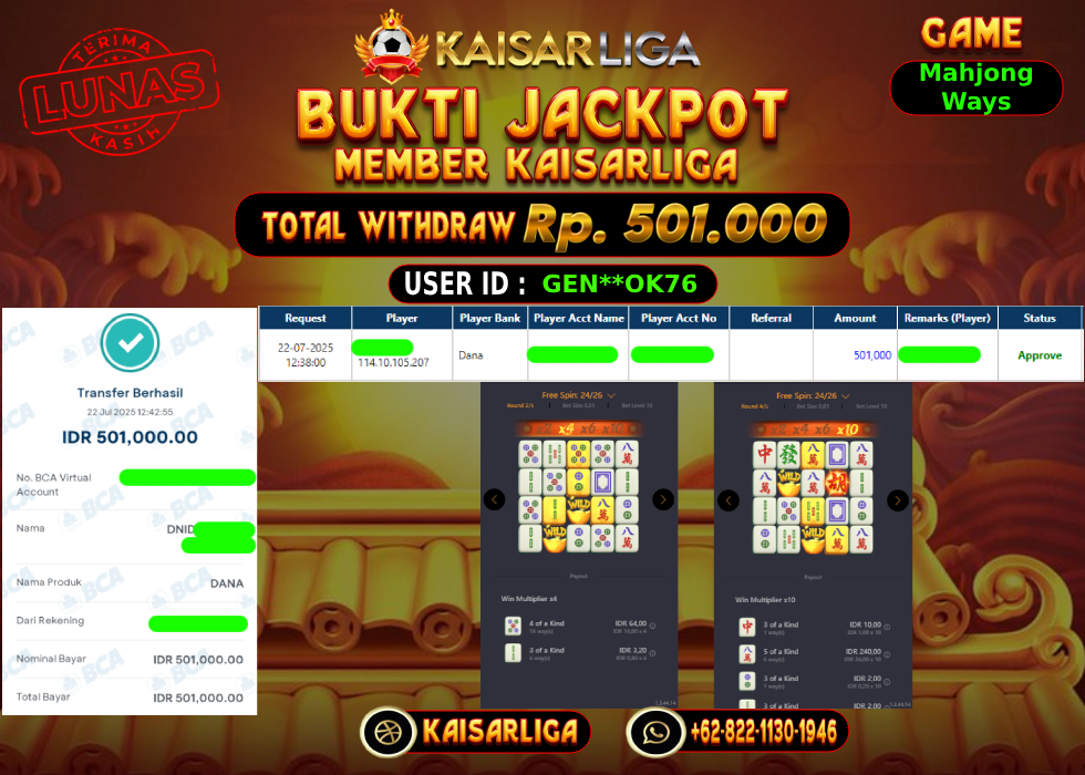 BUKTI JACKPOT SLOT KAISARLIGA RP. 501.000,-LUNAS