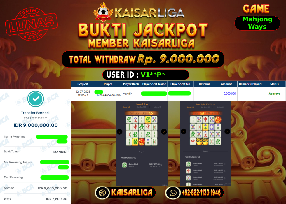 BUKTI JACKPOT SLOT KAISARLIGA RP. 9.000.000,-LUNAS