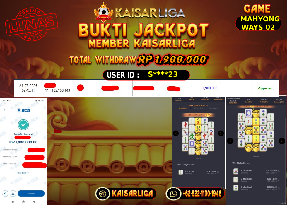 BUKTI JACKPOT SLOT KAISARLIGA RP. 1.900.000,-LUNAS