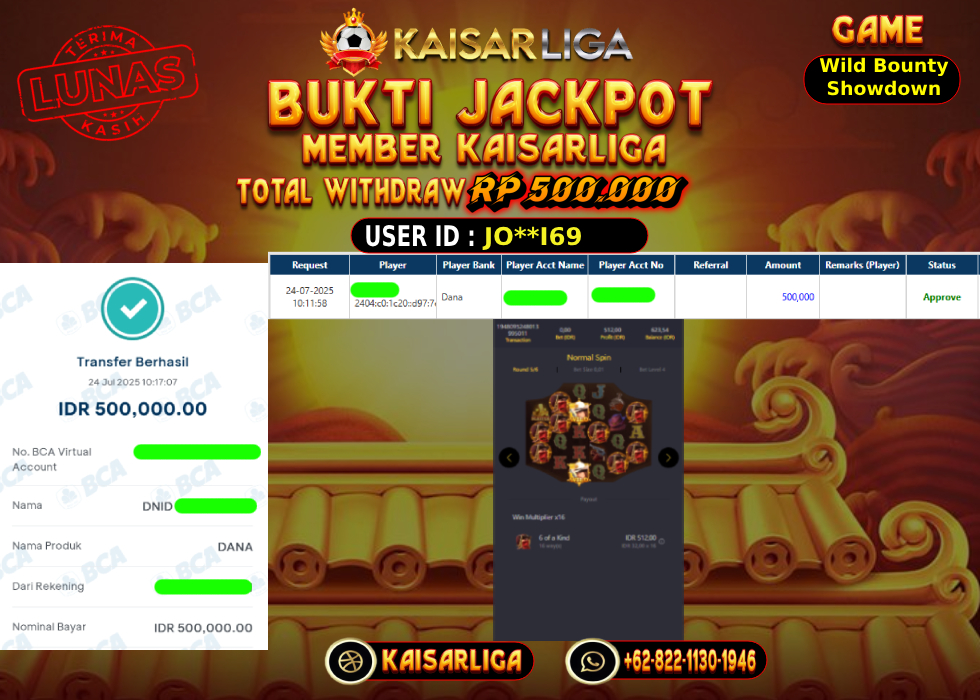 BUKTI JACKPOT SLOT KAISARLIGA RP. 500.000,-LUNAS
