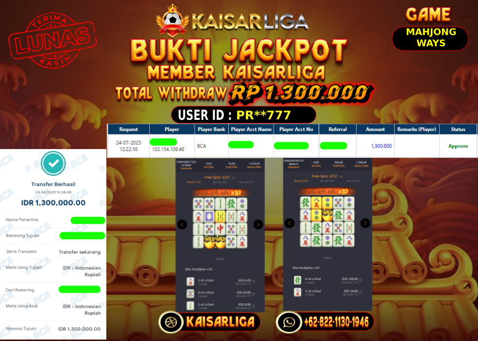 BUKTI JACKPOT SLOT KAISARLIGA RP. 1.300.000,-LUNAS