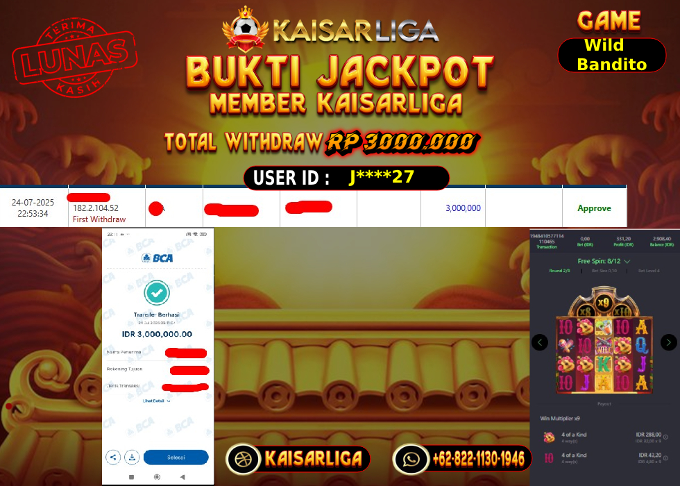 BUKTI JACKPOT SLOT KAISARLIGA RP. 3.000.000,-LUNAS