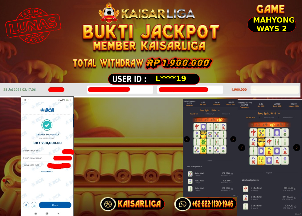 BUKTI JACKPOT SLOT KAISARLIGA RP. 1.900.000,-LUNAS