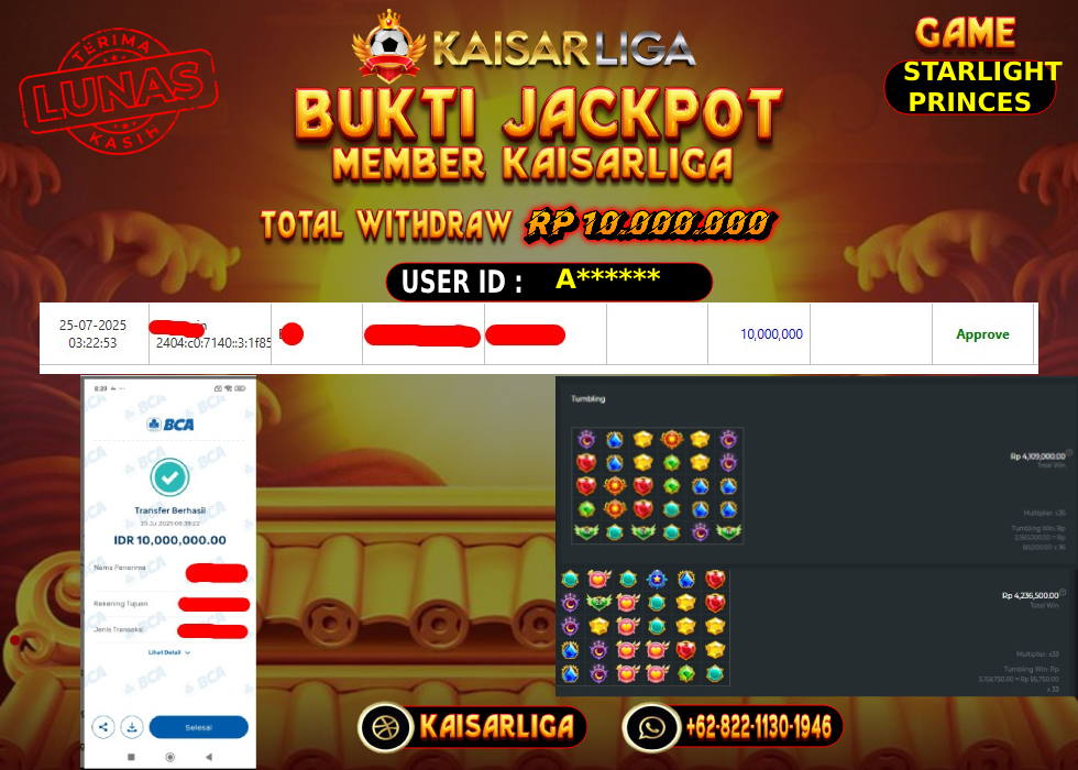BUKTI JACKPOT SLOT KAISARLIGA RP. 1.0.000.000,-LUNAS