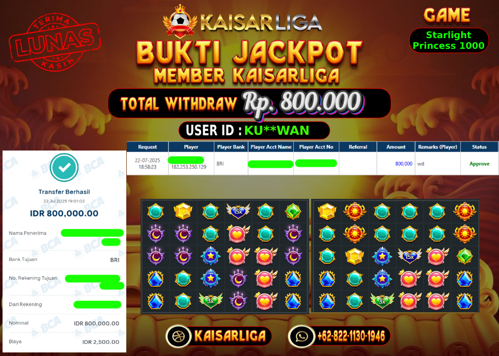 BUKTI JACKPOT SLOT KAISARLIGA RP. 800.000,-LUNAS