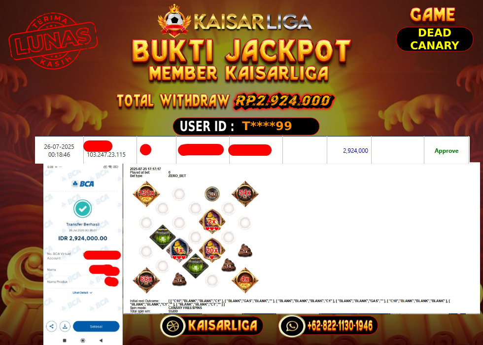 BUKTI JACKPOT SLOT KAISARLIGA RP. 2.924.000,-LUNAS