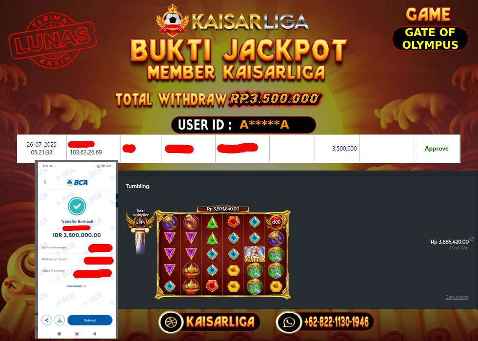 BUKTI JACKPOT SLOT KAISARLIGA RP. 3.500.000,-LUNAS