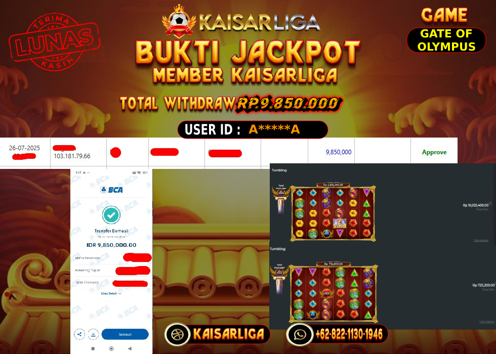 BUKTI JACKPOT SLOT KAISARLIGA RP. 9.850.000,-LUNAS