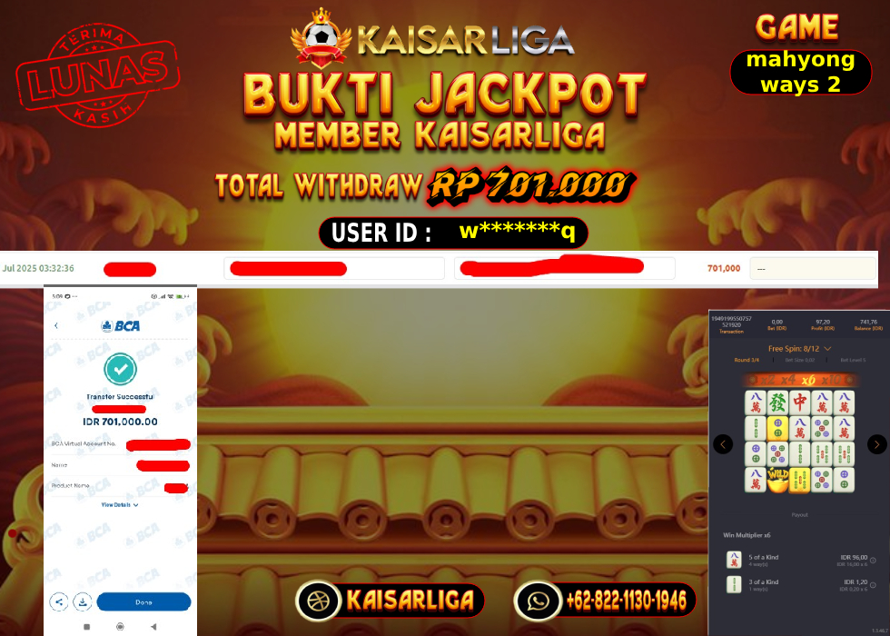 BUKTI JACKPOT SLOT KAISARLIGA RP. 701.000,-LUNAS