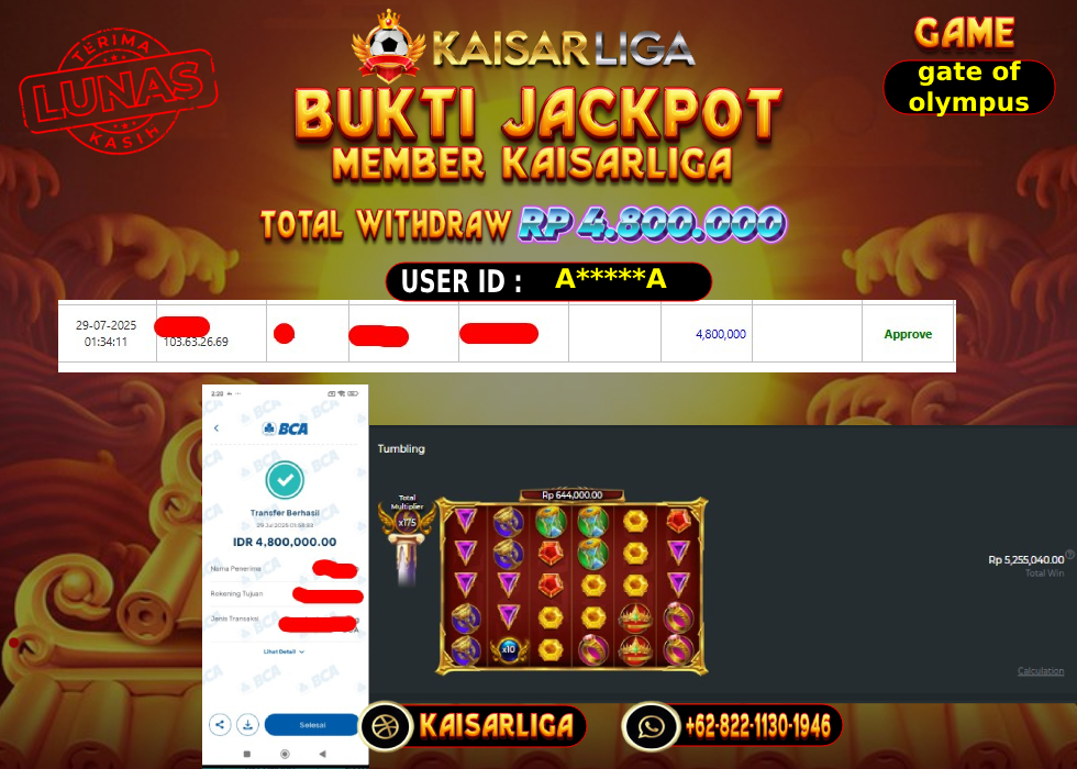 BUKTI JACKPOT SLOT KAISARLIGA RP. 4.800.000,-LUNAS