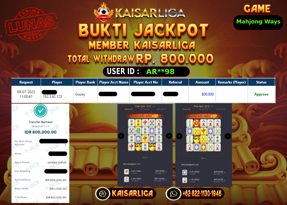 BUKTI JACKPOT SLOT KAISARLIGA RP.800.000,-LUNAS