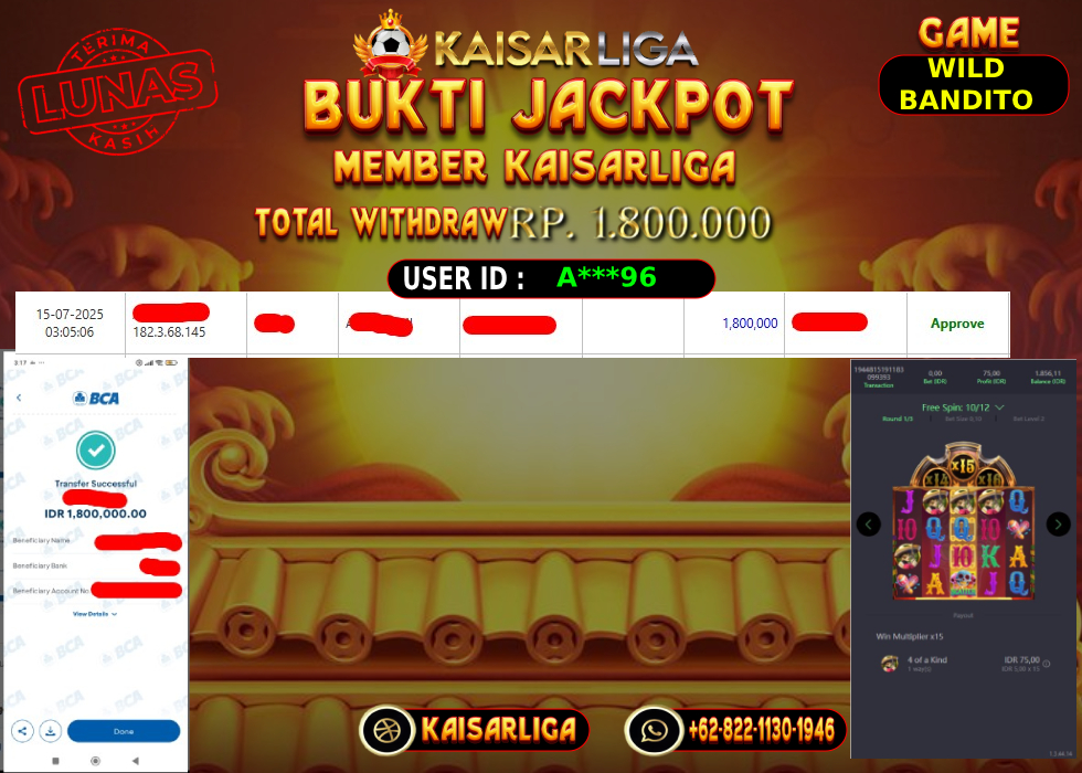 BUKTI JACKPOT SLOT KAISARLIGA RP. 1.800.000,-LUNAS
