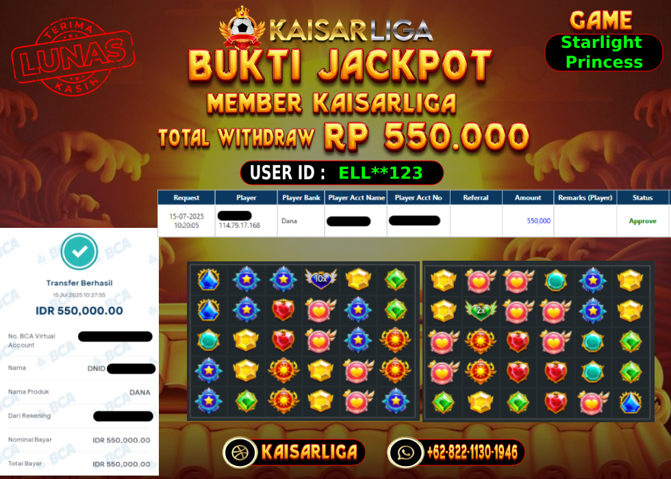 BUKTI JACKPOT SLOT KAISARLIGA RP. 550.000,-LUNAS
