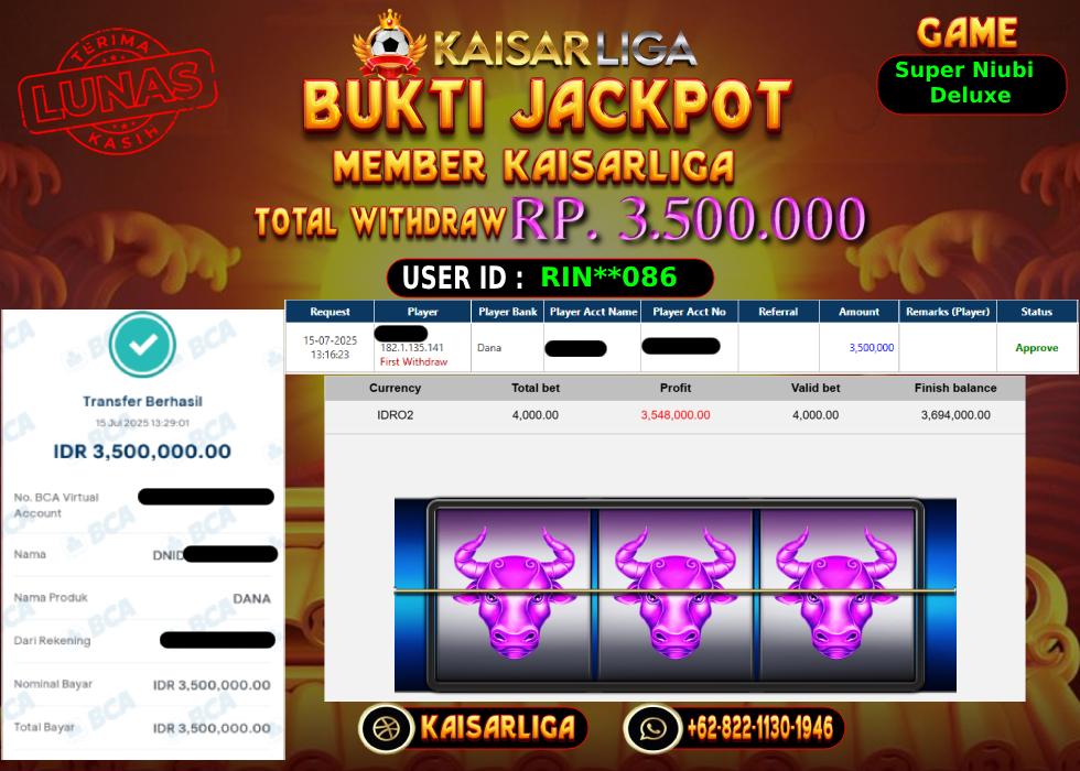 BUKTI JACKPOT SLOT KAISARLIGA RP. 3.500.000,-LUNAS