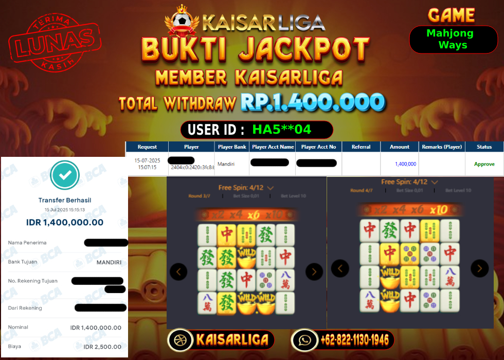BUKTI JACKPOT SLOT KAISARLIGA RP. 1.400.000,-LUNAS