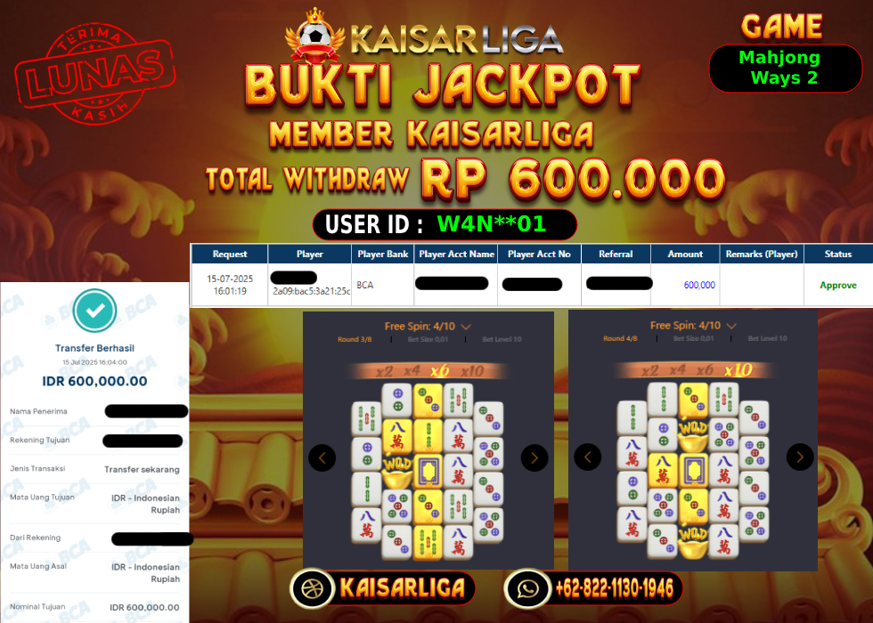 BUKTI JACKPOT SLOT KAISARLIGA RP. 600.000,-LUNAS