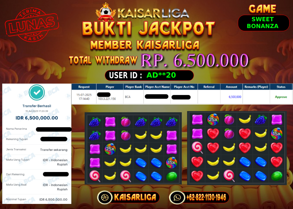 BUKTI JACKPOT SLOT KAISARLIGA RP. 6.500.000,-LUNAS