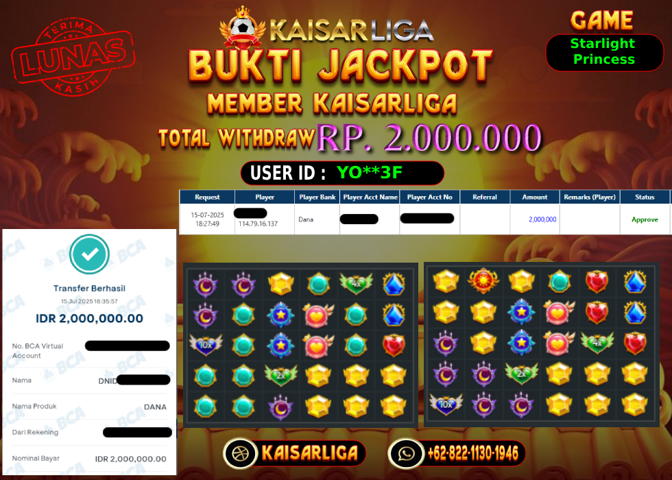 BUKTI JACKPOT SLOT KAISARLIGA RP. 2.000.000,-LUNAS