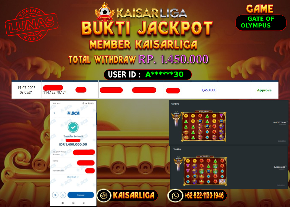 BUKTI JACKPOT SLOT KAISARLIGA RP. 1.450.000,-LUNAS