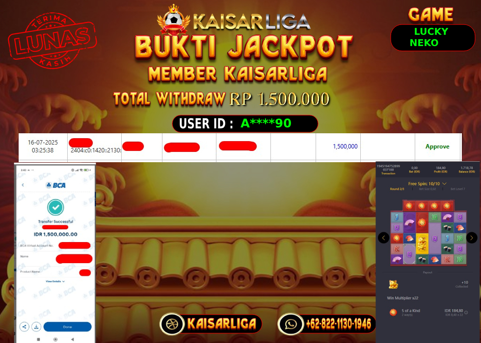 BUKTI JACKPOT SLOT KAISARLIGA RP. 1.500.000,-LUNAS