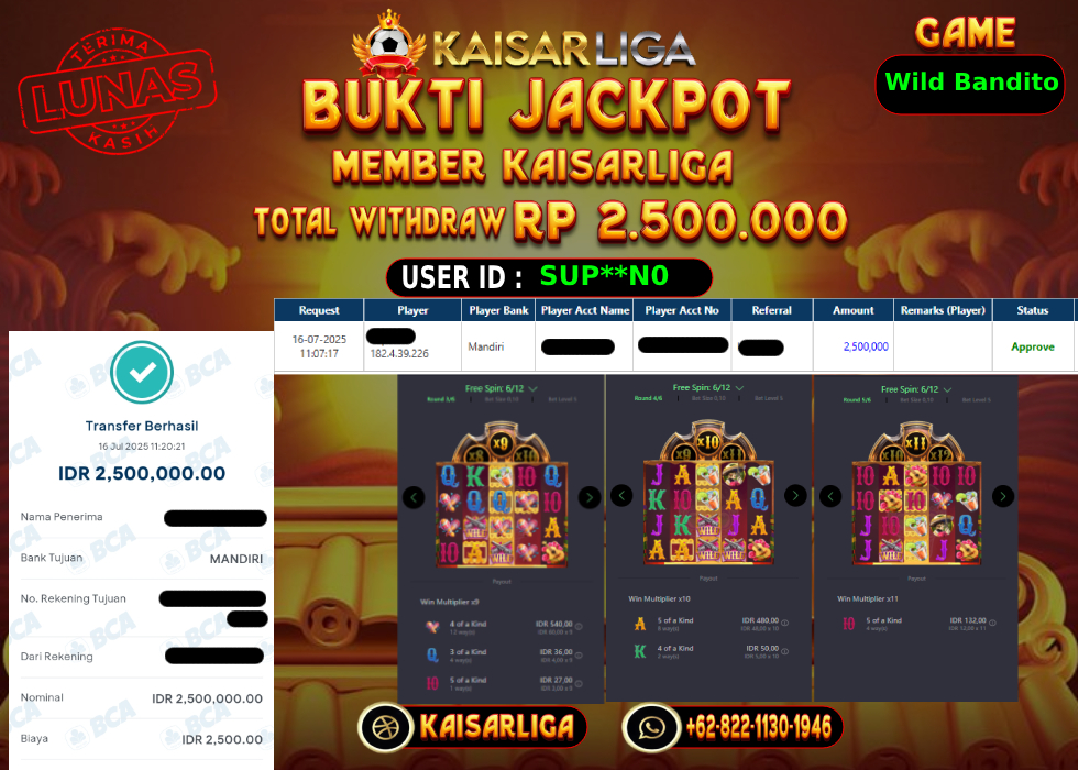 BUKTI JACKPOT SLOT KAISARLIGA RP. 2.500.000,-LUNAS