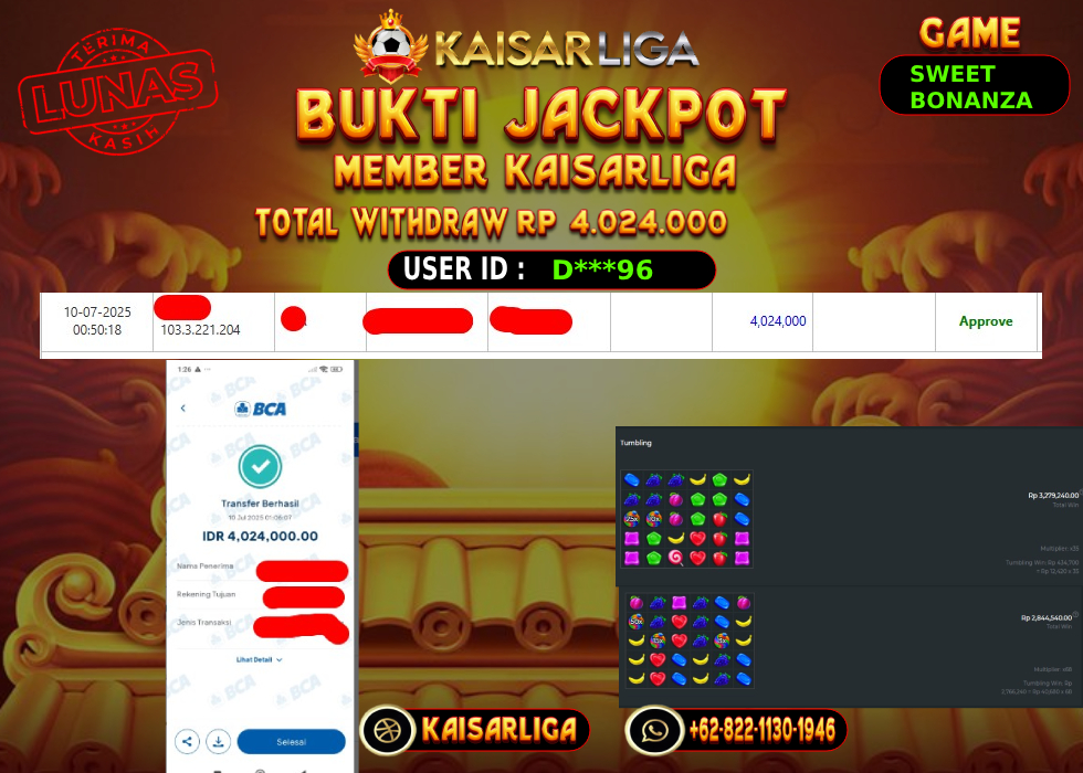 BUKTI JACKPOT SLOT KAISARLIGA RP.4.024.000,-LUNAS