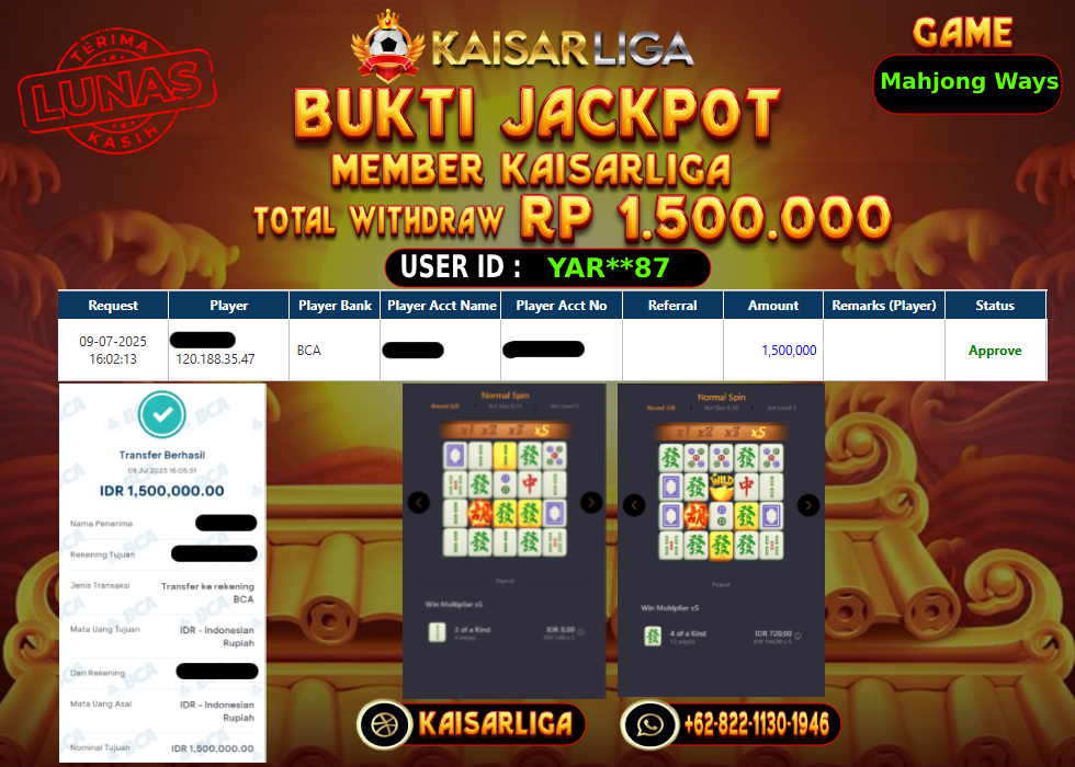 BUKTI JACKPOT SLOT KAISARLIGA RP.1.500.000,-LUNAS