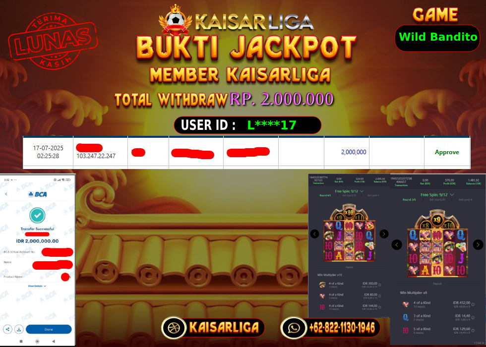 BUKTI JACKPOT SLOT KAISARLIGA RP. 2000.000,-LUNAS