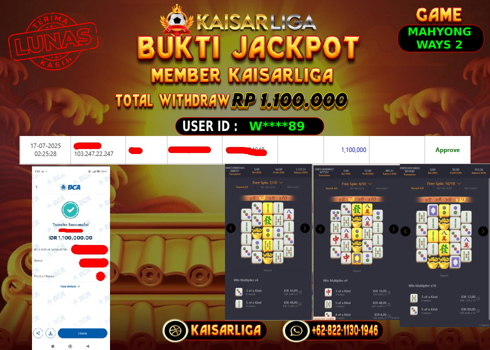 BUKTI JACKPOT SLOT KAISARLIGA RP. 1.100.000,-LUNAS
