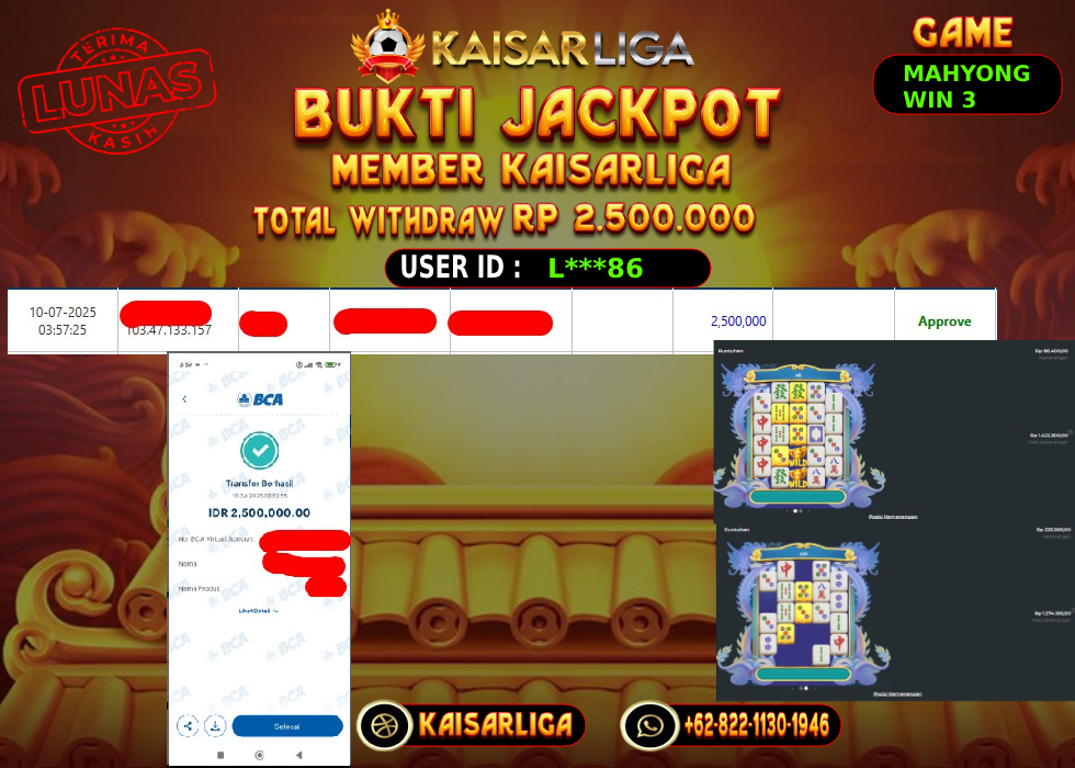 BUKTI JACKPOT SLOT KAISARLIGA RP.2.500.000,-LUNAS