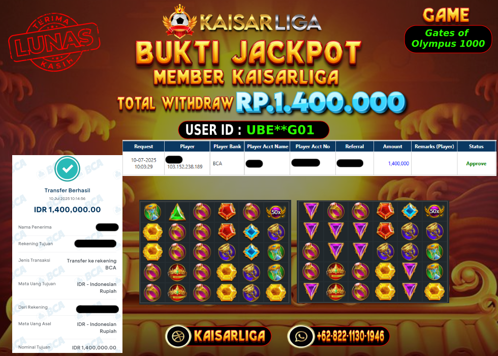 BUKTI JACKPOT SLOT KAISARLIGA RP.1.400.000,-LUNAS