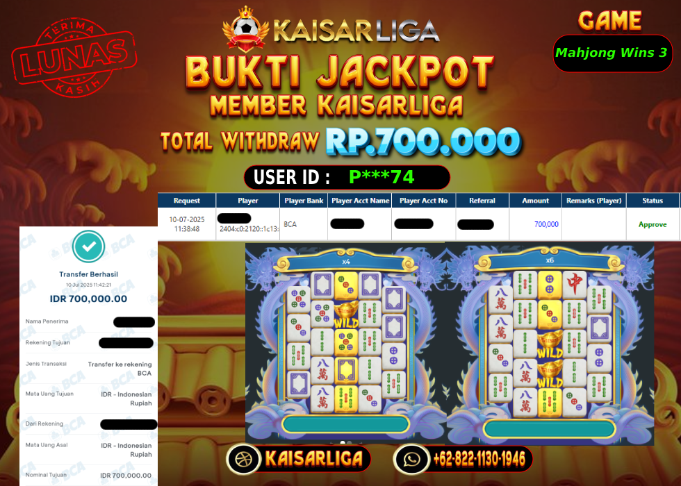BUKTI JACKPOT SLOT KAISARLIGA RP.700.000,-LUNAS