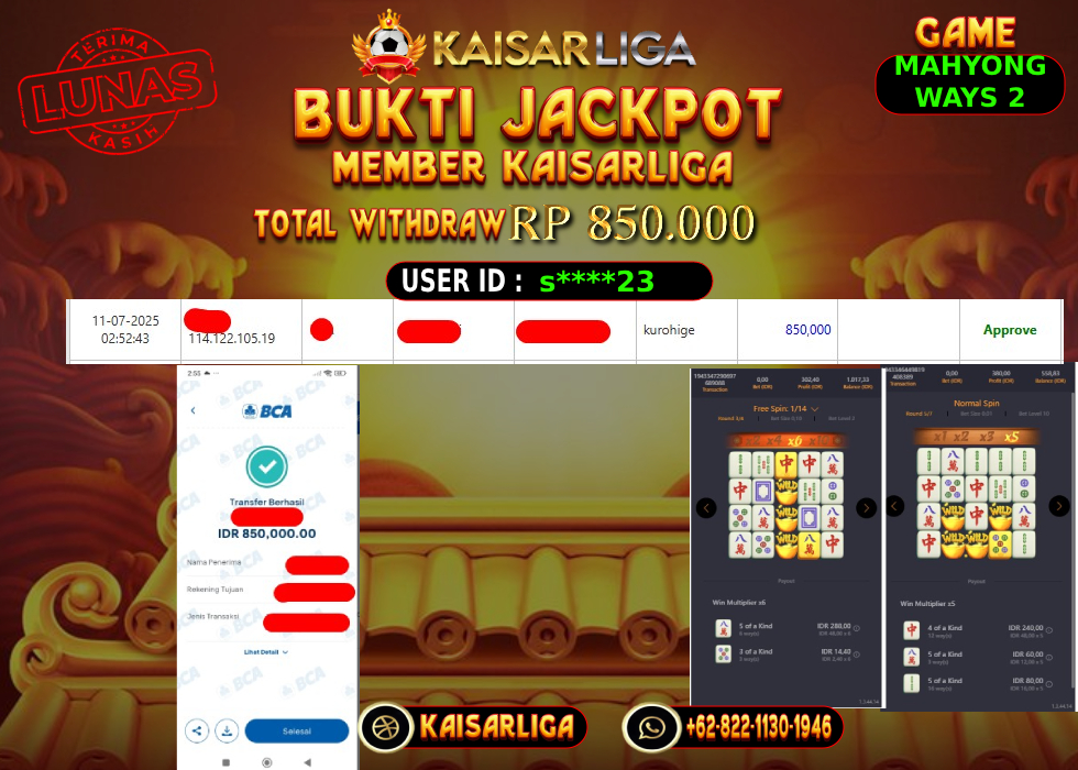 BUKTI JACKPOT SLOT KAISARLIGA RP.850.000,-LUNAS