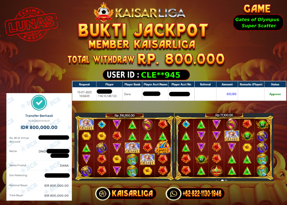 BUKTI JACKPOT SLOT KAISARLIGA RP.800.000,-LUNAS