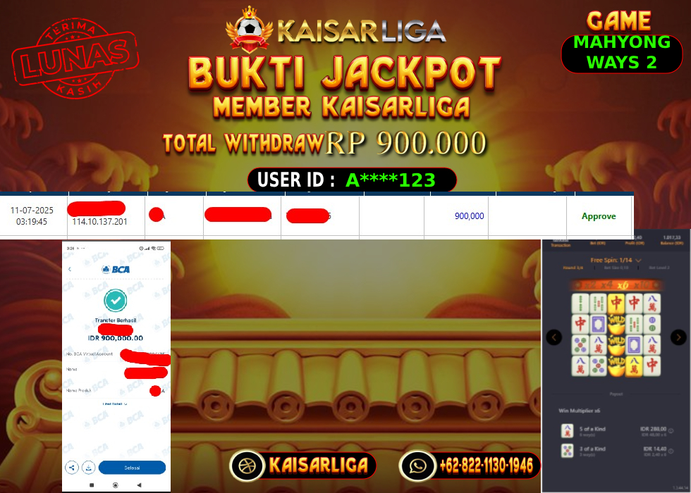 BUKTI JACKPOT SLOT KAISARLIGA RP.900.000,-LUNAS