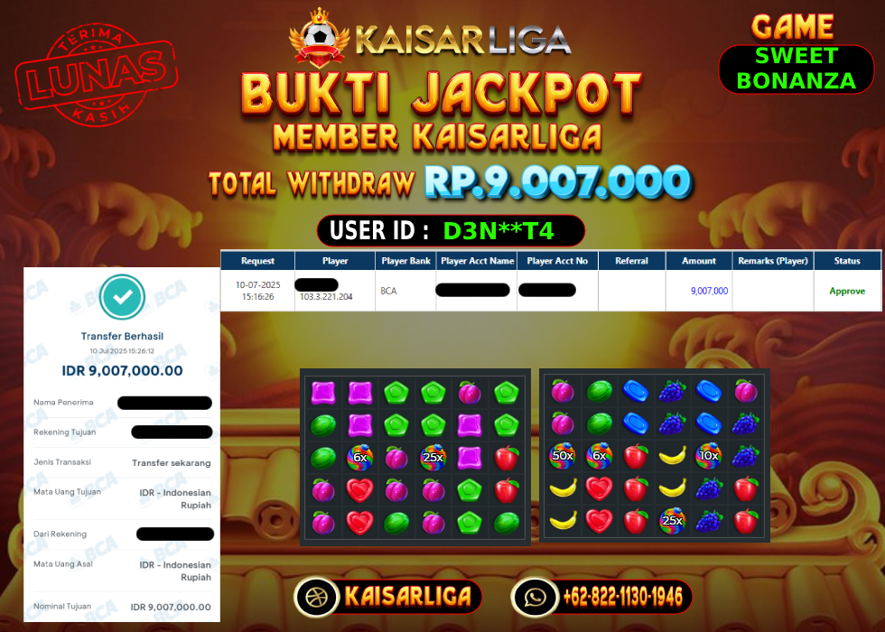 BUKTI JACKPOT SLOT KAISARLIGA RP.9.007.000,-LUNAS