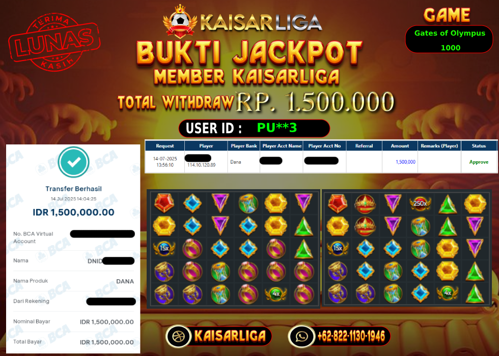 BUKTI JACKPOT SLOT KAISARLIGA RP. 1.500.000,-LUNAS
