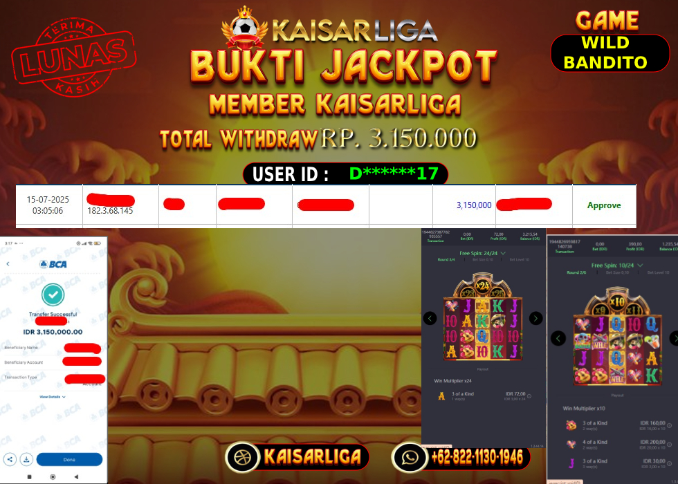 BUKTI JACKPOT SLOT KAISARLIGA RP. 3.150.000,-LUNAS