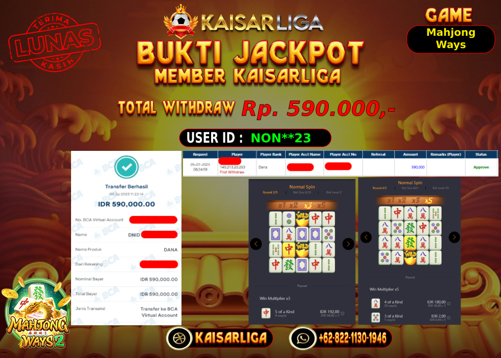 BUKTI JACKPOT SLOT KAISARLIGA RP.590.000,-LUNAS