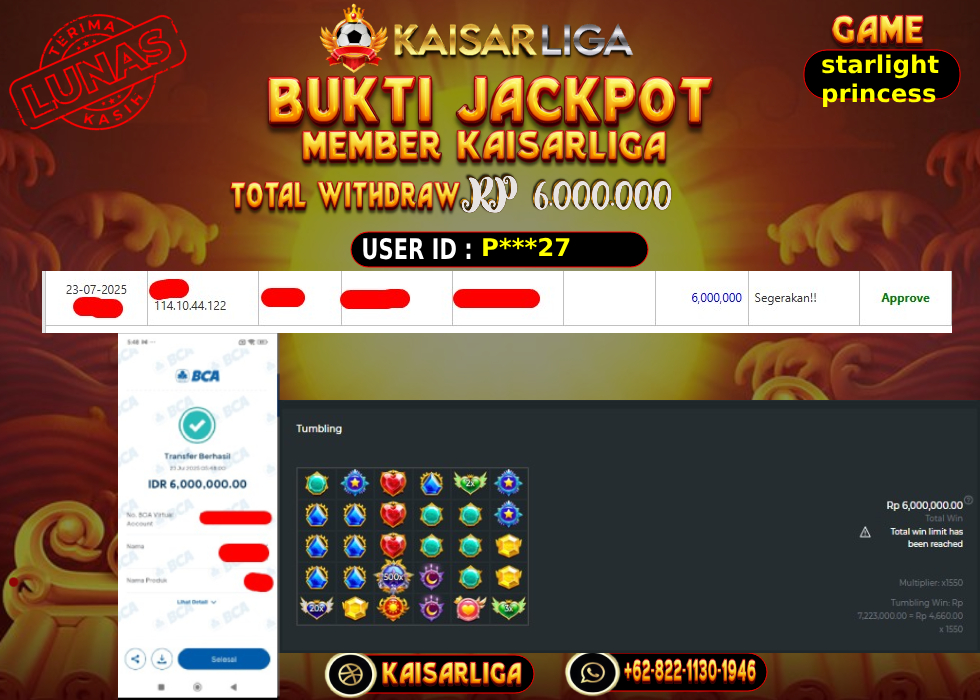 BUKTI JACKPOT SLOT KAISARLIGA RP. 6000.000,-LUNAS