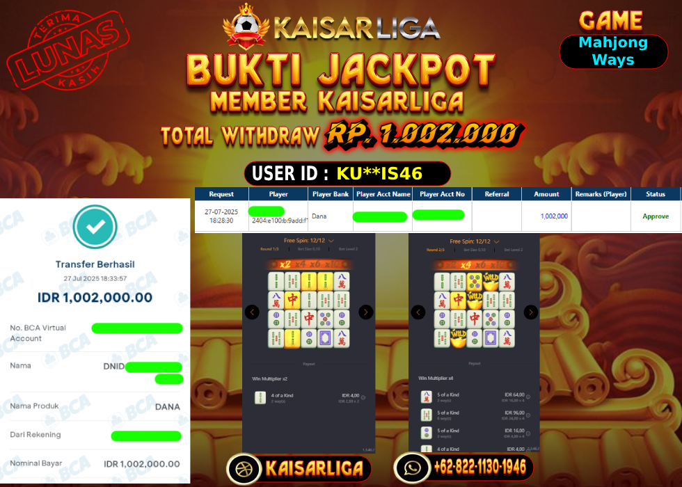 BUKTI JACKPOT SLOT KAISARLIGA RP. 1.002.000,-LUNAS