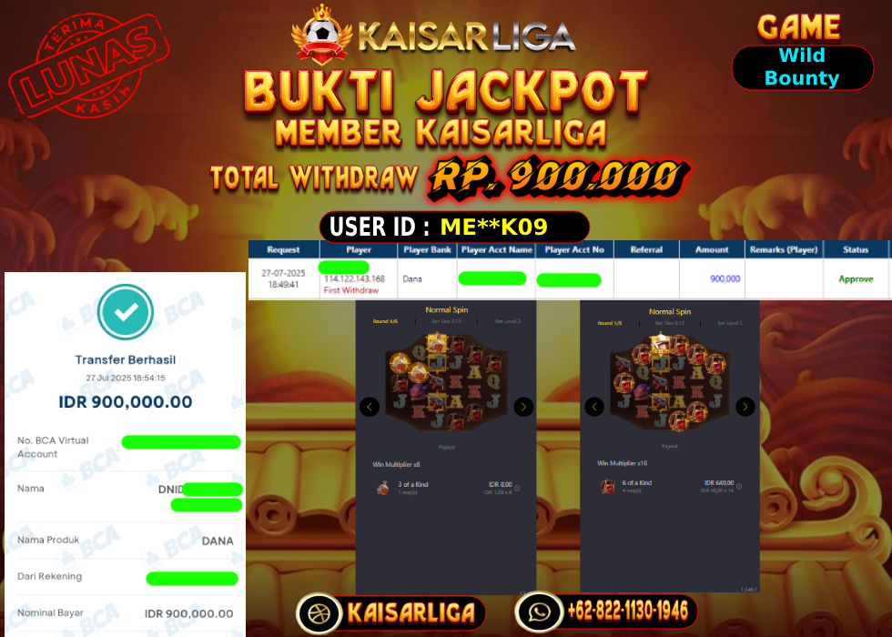 BUKTI JACKPOT SLOT KAISARLIGA RP. 900.000,-LUNAS